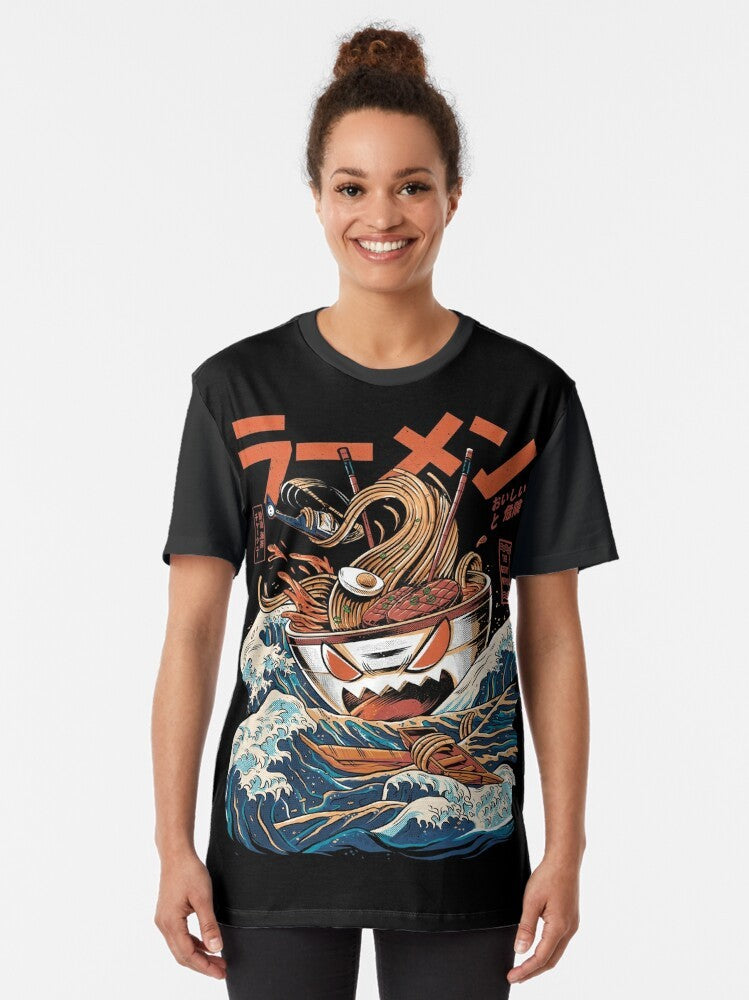 Anime-style t-shirt featuring a retro Japanese ramen and kaiju monster graphic design in blue, orange, and black. - Women