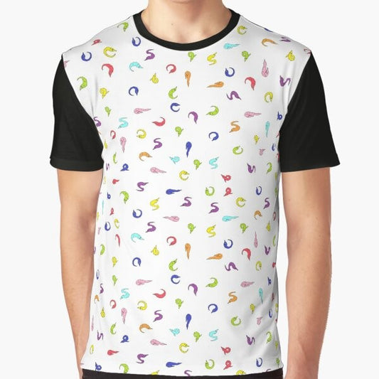 Graphic design of colorful worms marching in a parade on a t-shirt