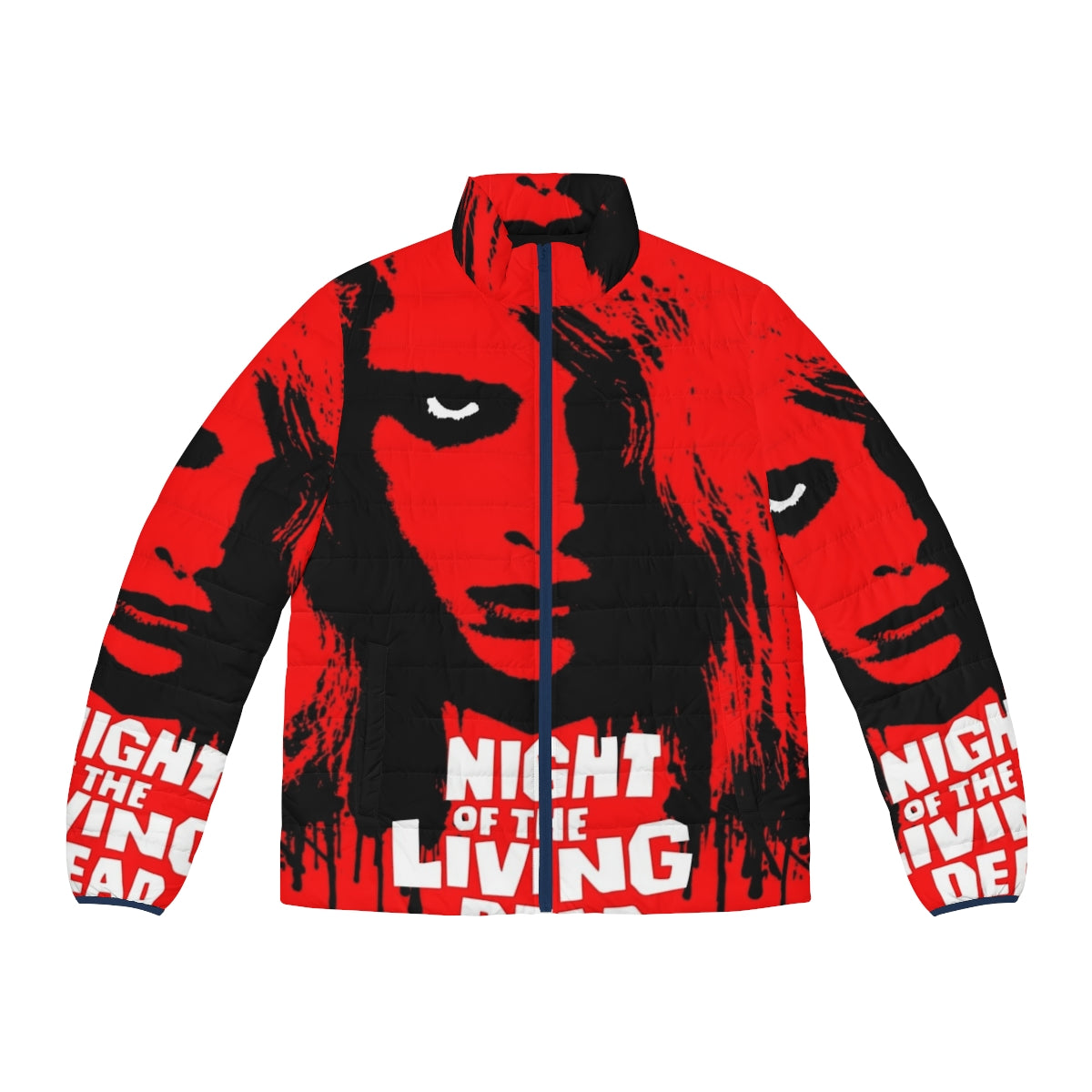 "Night of the Living Dead" inspired puffer jacket with zombie and horror movie graphics