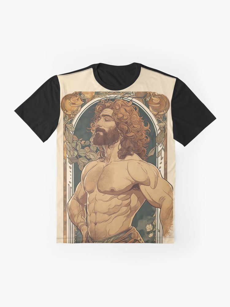 A graphic t-shirt featuring a cute, hairy man in an Art Nouveau style design inspired by Alphonse Mucha and Gustav Klimt. - Flat lay