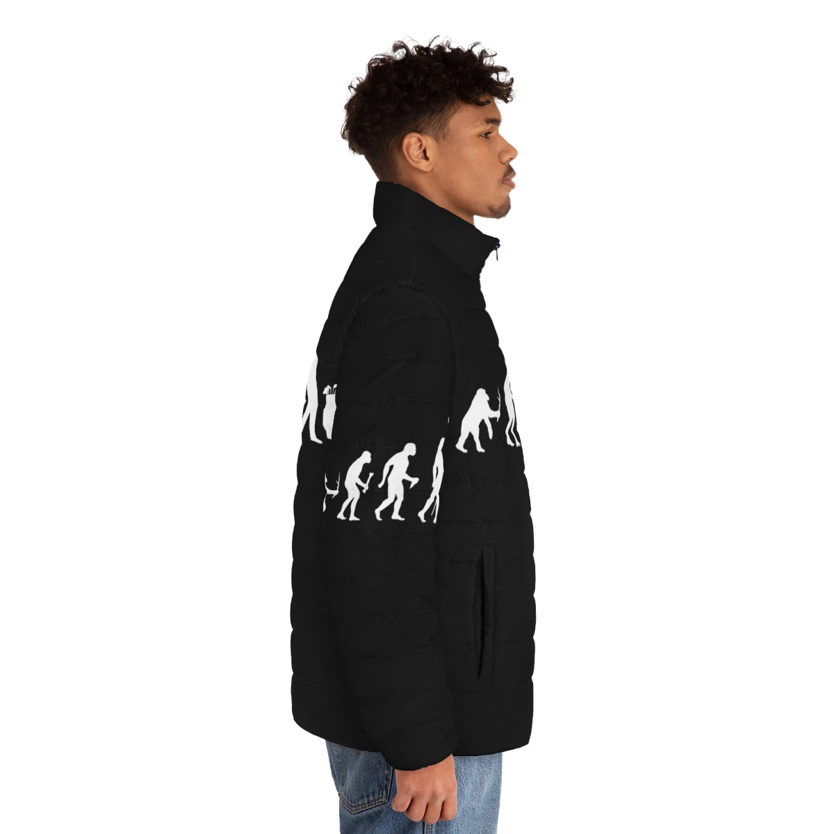 A puffer jacket featuring a humorous design depicting the evolution of a golfer - men side right