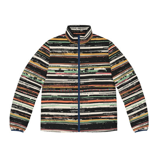 Puffer jacket with a retro music-inspired pattern