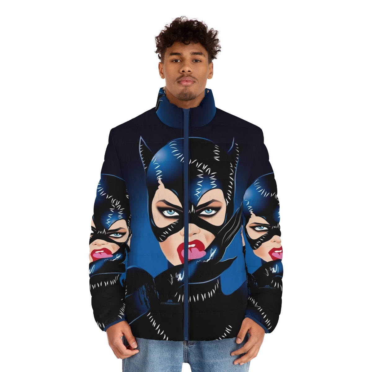 Model wearing a puffer jacket with Alejandro Mogollo's art design - men front