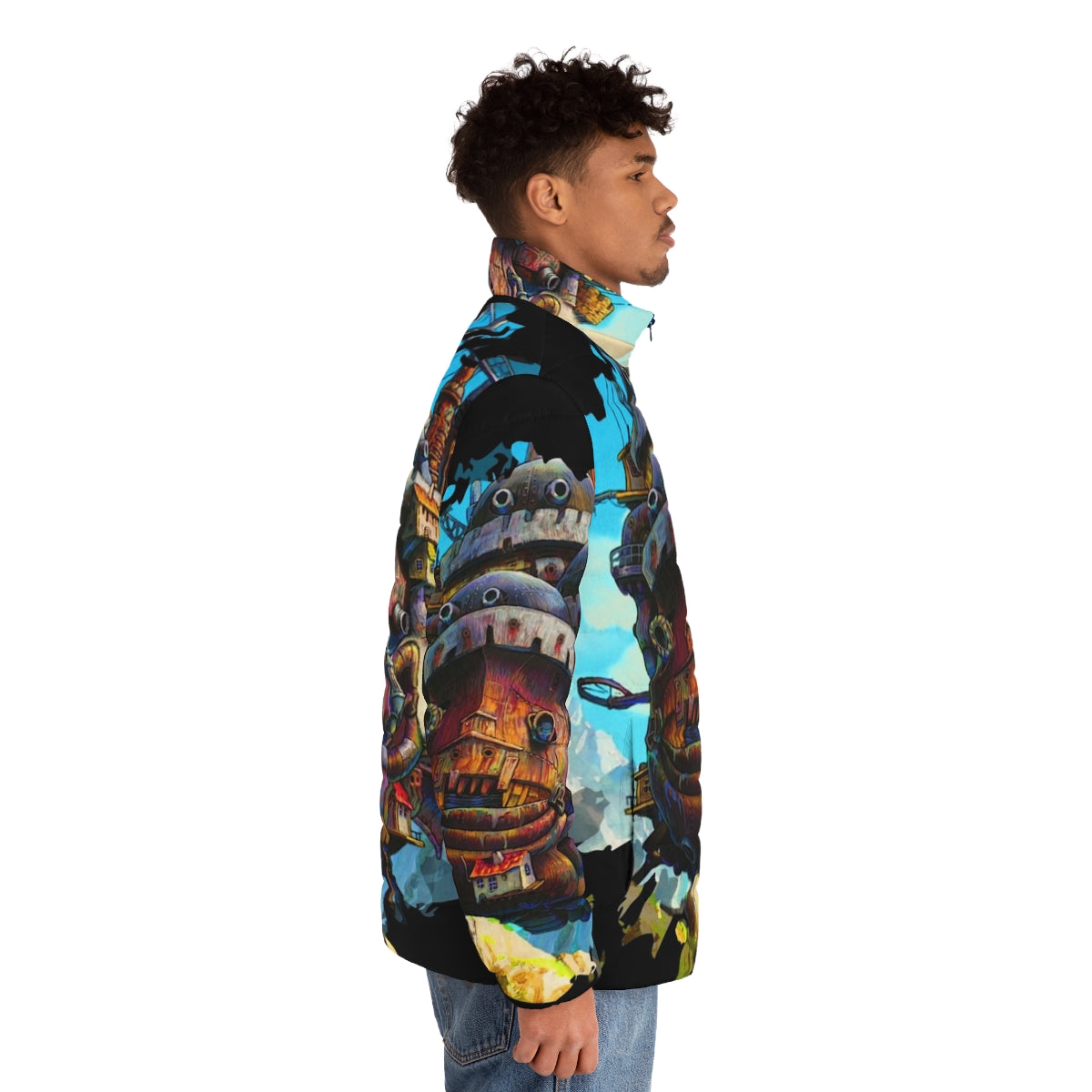 Howls Painting Puffer Jacket featuring 8-bit inspired Studio Ghibli anime art - men side right