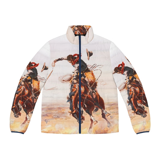 Wild West Vintage Puffer Jacket featuring a retro cowboy and native american design