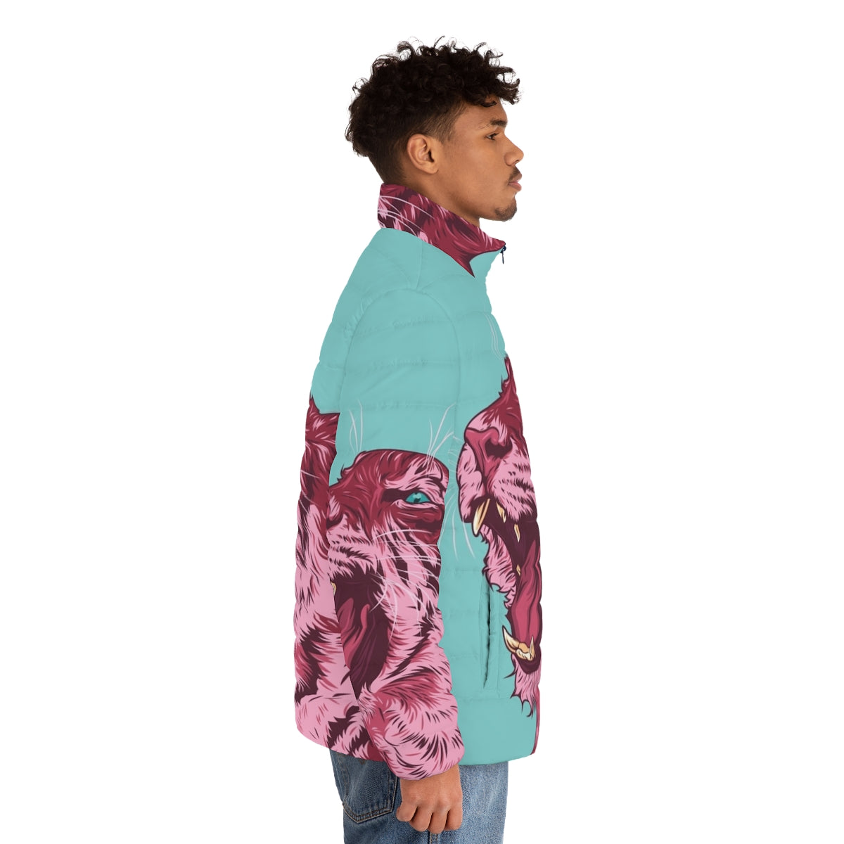 Magenta tiger puffer jacket with bold, vibrant pop art design - men side right