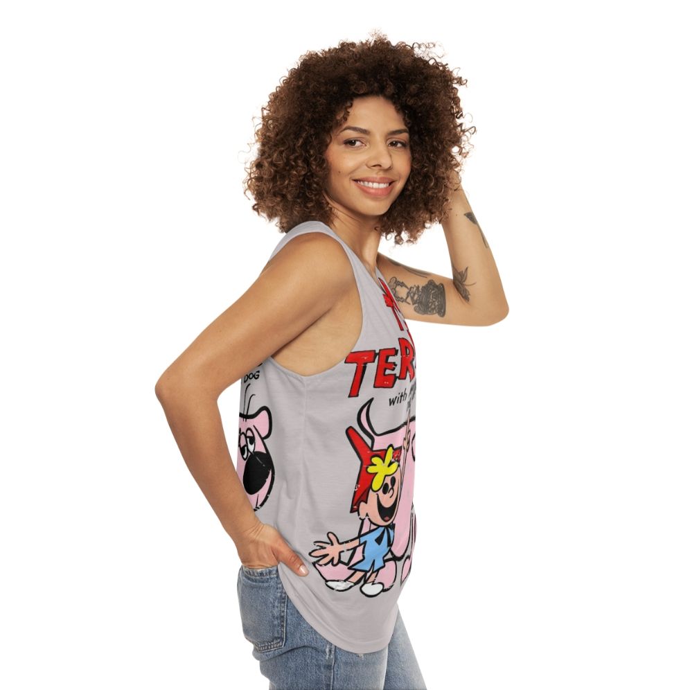 Retro unisex tank top featuring the cartoon character Tom Terrific - women side