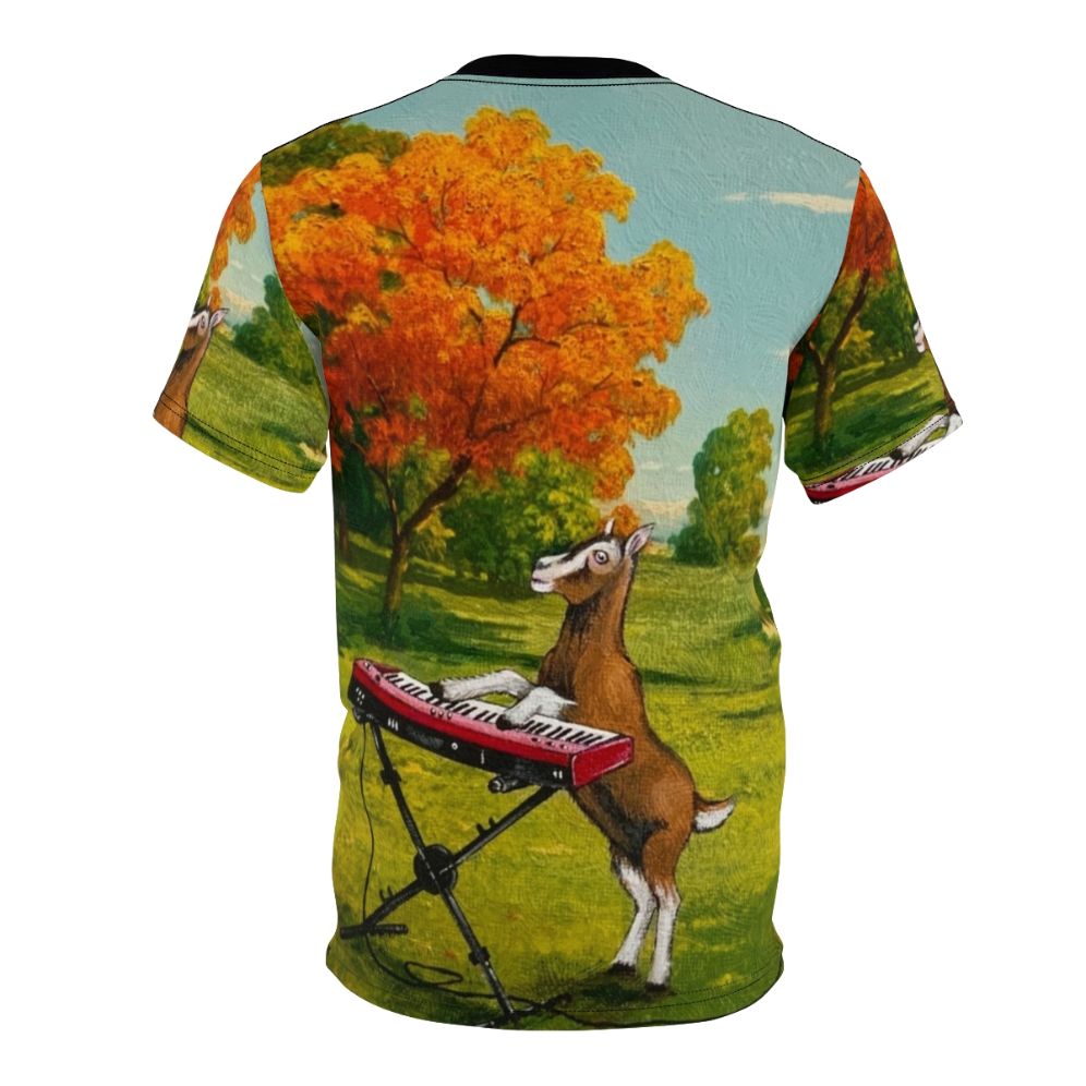 A t-shirt design featuring a goat playing a keyboard in a meadow, with the text "Practicing In The Meadow" - Back