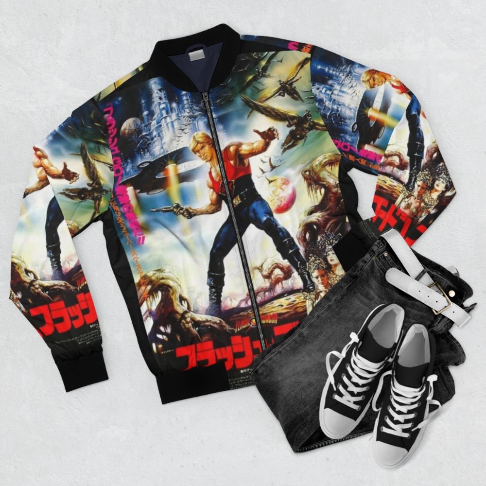 Retro 80s Flash Gordon Japanese Bomber Jacket - Flat lay