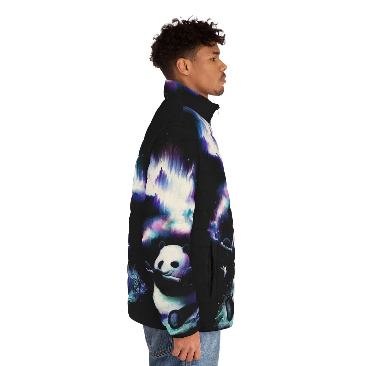 Puffer jacket with galaxy, universe, and musical elements design - men side right