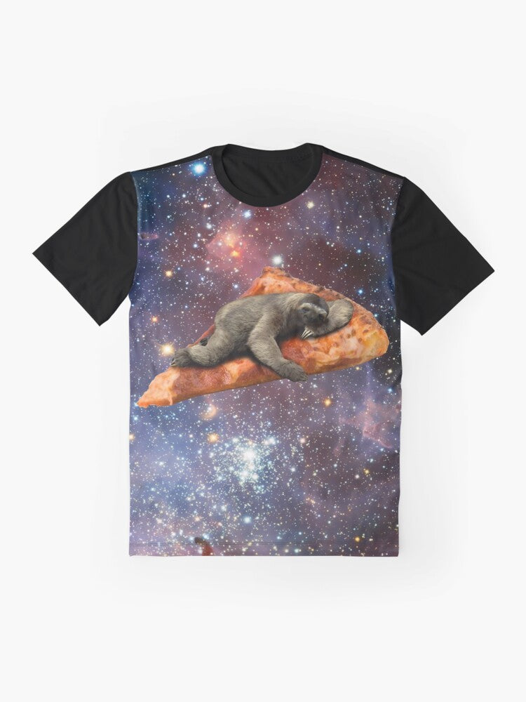 A graphic t-shirt featuring a pizza sloth floating in the galaxy - Flat lay