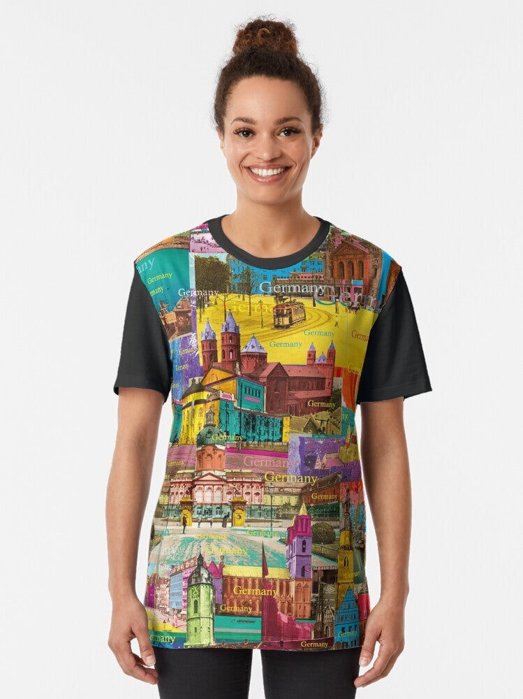 Graphic t-shirt with a collage of colorful German landmarks and architecture - Women