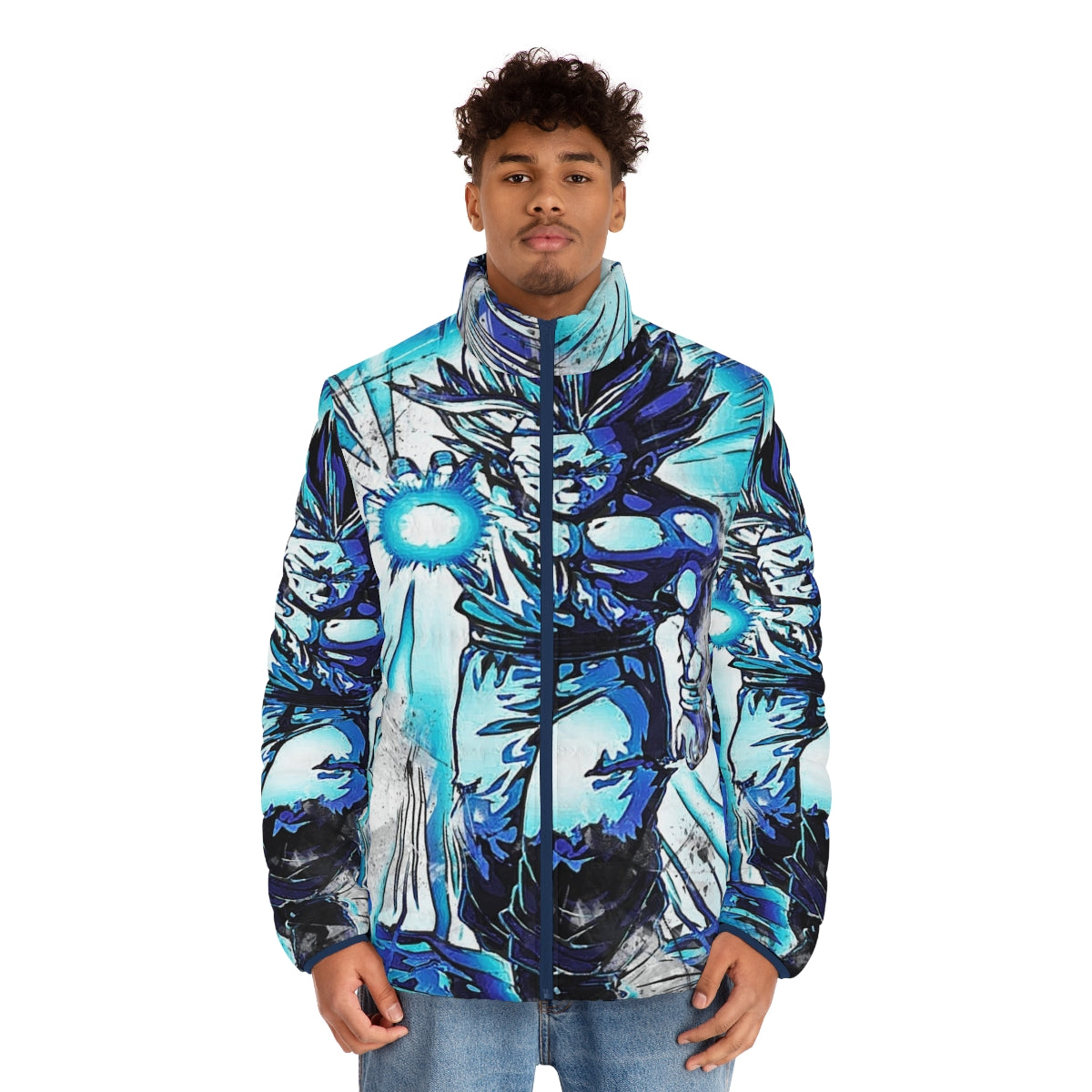 Gohan inspired puffer jacket with anime graphics - men front