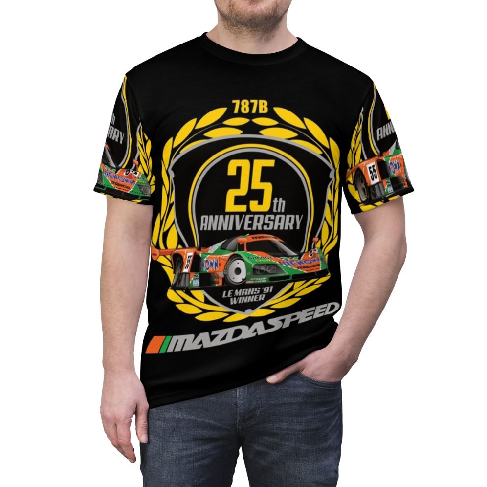 Mazda 787B inspired t-shirt featuring the iconic endurance racing car - men front