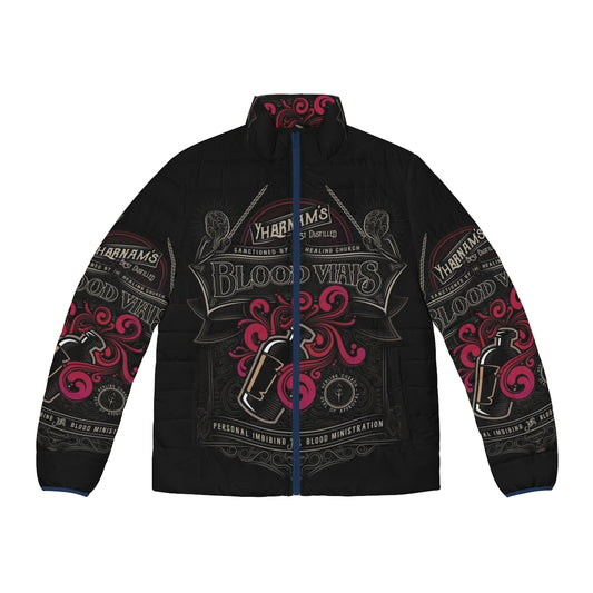 Bloodborne Yharnam's Blood Vials Puffer Jacket featuring gothic and cosmic horror design