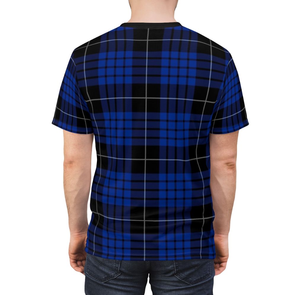 Model wearing a blue and black tartan plaid t-shirt with the Clan Macqueen tartan pattern - men back