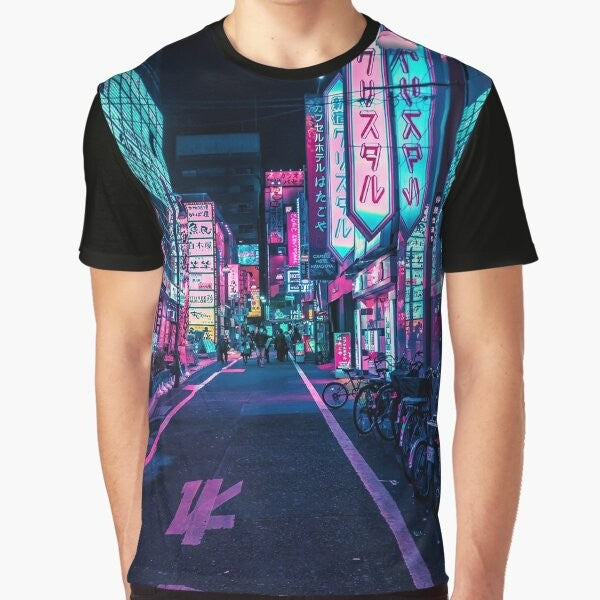 A graphic t-shirt featuring a neon-lit cityscape of Tokyo, with bright colors and a futuristic, cyberpunk-inspired design.