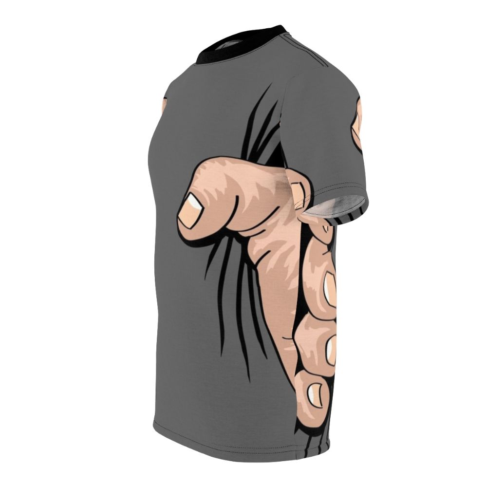 Oversized hand squeezing graphic design on a t-shirt - men left