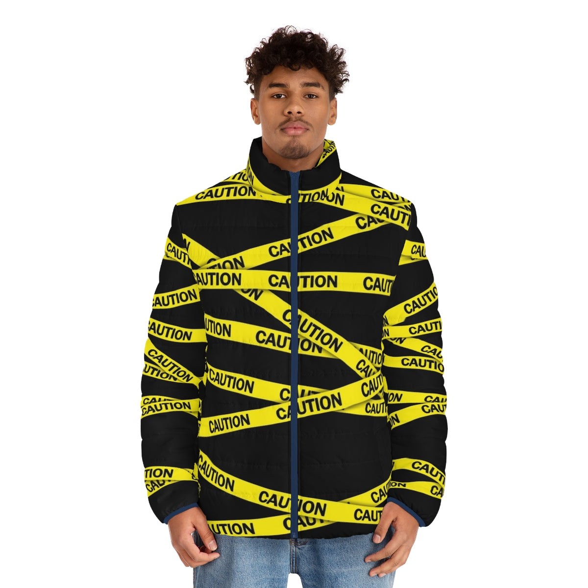 Caution tape puffer jacket with bold, high-visibility design - men front