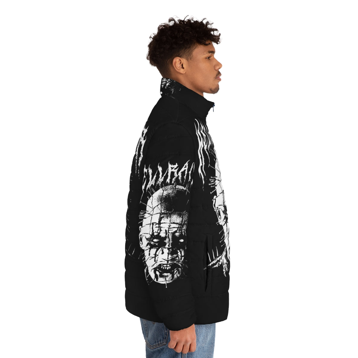 Black Metal Pinhead Puffer Jacket featuring Hellraiser inspired design - men side right