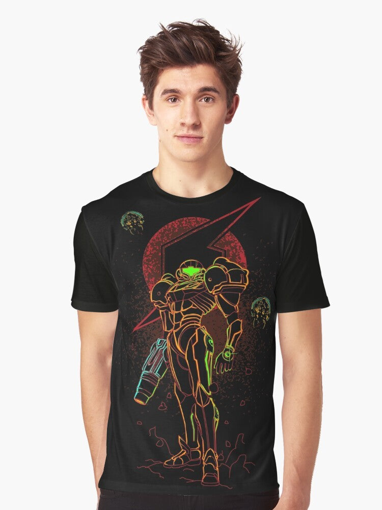 Bounty Hunter graphic t-shirt featuring a retro design inspired by video games and the Metroid universe - Men