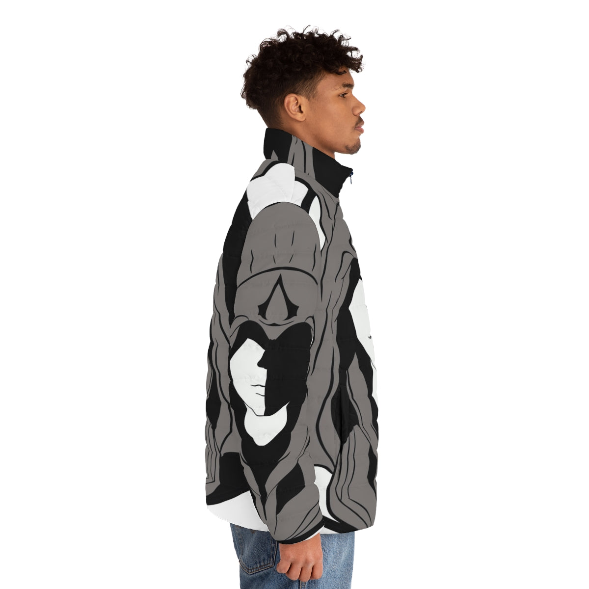 Assassin's Creed inspired men's puffer jacket in gray and black with game logo - men side right