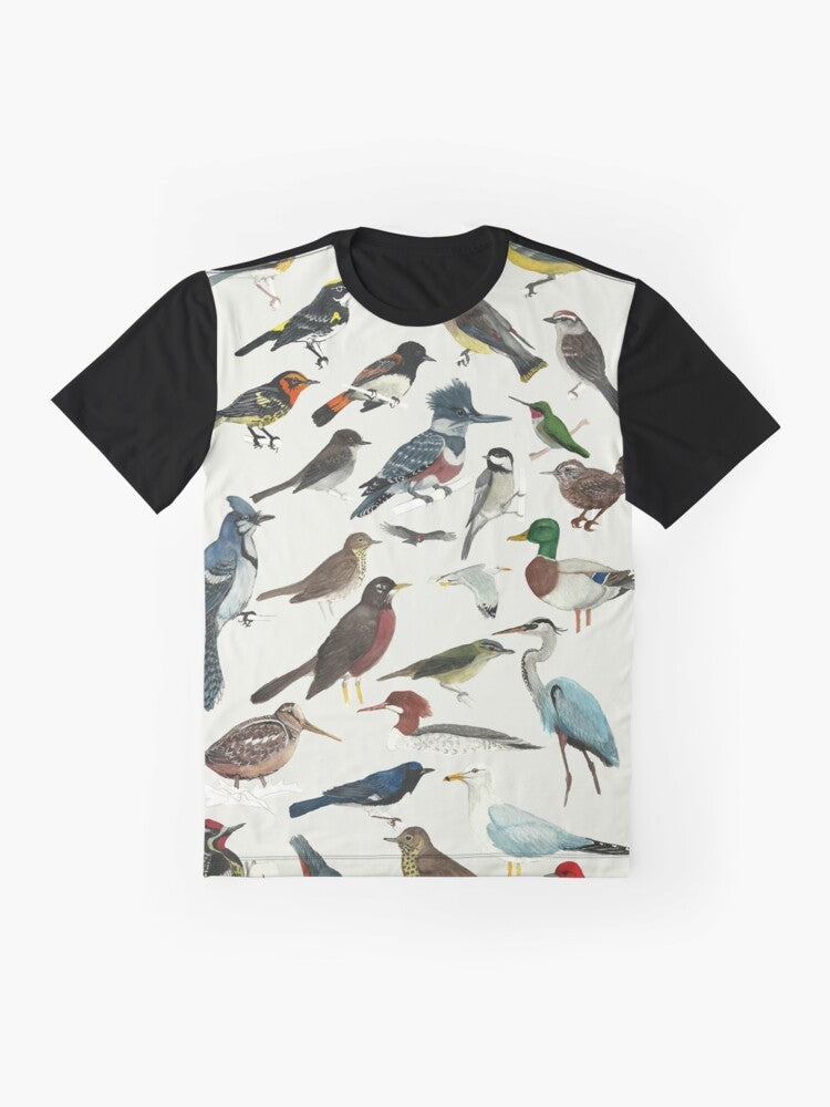 A stylish graphic t-shirt featuring a variety of birds, including the black-throated blue, blackburnian, and ruby-throated hummingbird, for bird lovers and nature enthusiasts. - Flat lay