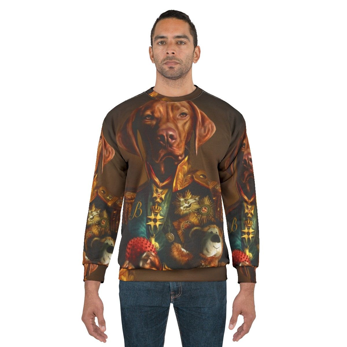 Hungarian Vizsla dog wearing a sweatshirt with a portrait of itself - men