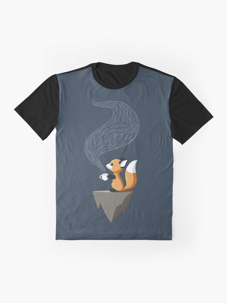 Cute smiling fox illustration sitting with a cup of tea, autumn-themed fantasy graphic t-shirt design. - Flat lay