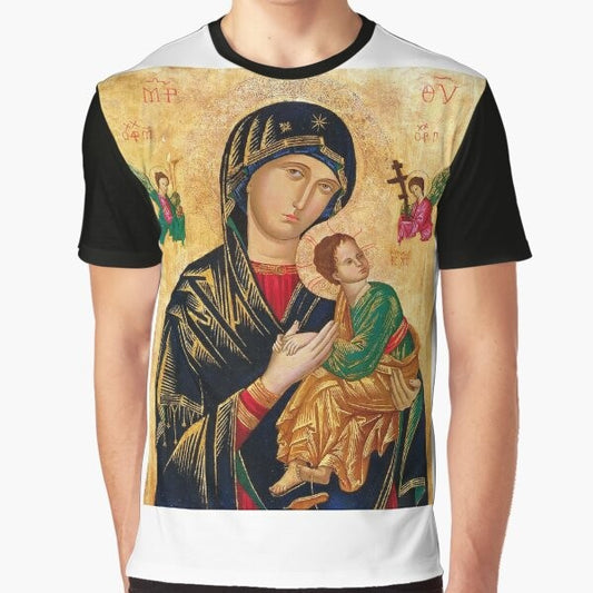 Our Lady of Perpetual Help graphic t-shirt featuring the iconic Russian Orthodox Madonna and Child image.