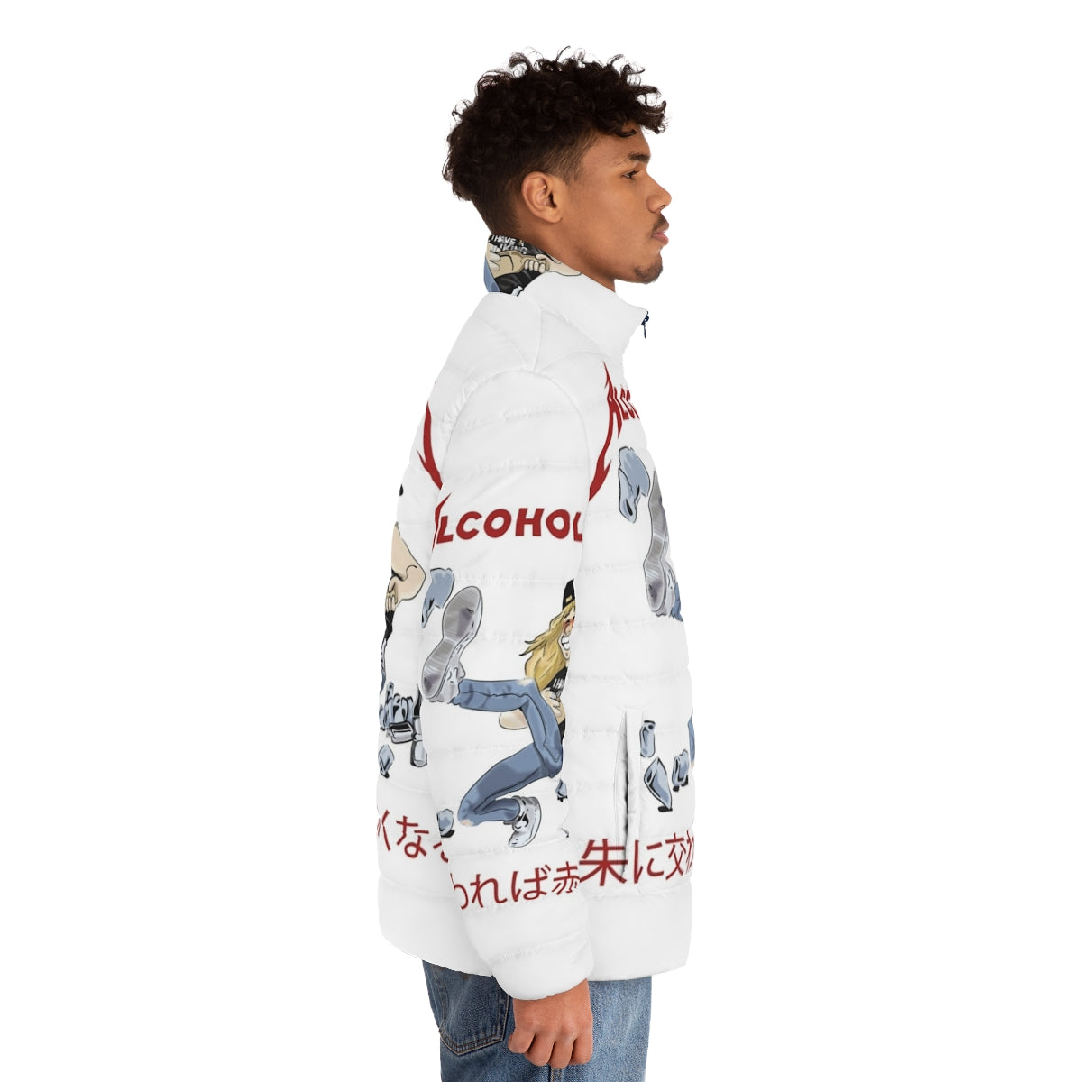 Alcoholica Puffer Jacket featuring metal music, anime-style cartoon, and alcohol-themed imagery - men side right