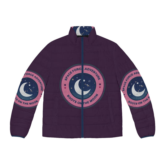 Space Force Adventure Puffer Jacket featuring a starry night sky and the moon