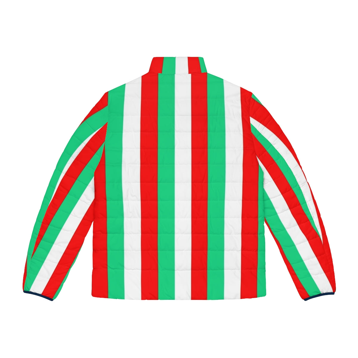 Red, green, and white striped puffer jacket, a stylish and on-trend design - Back