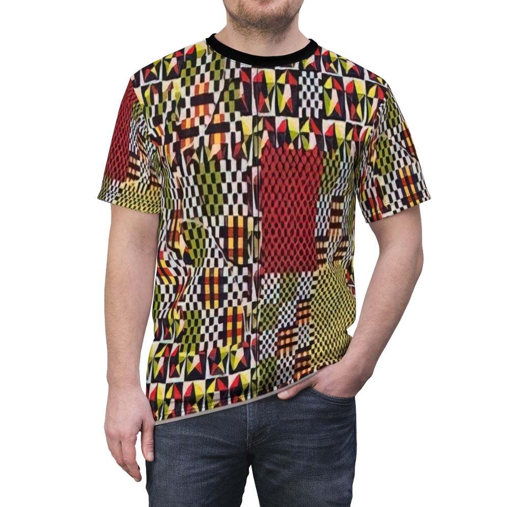 Vibrant abstract geometric t-shirt featuring colorful and multilayered patterns inspired by the spiritual art of Alfred Jensen. - men front