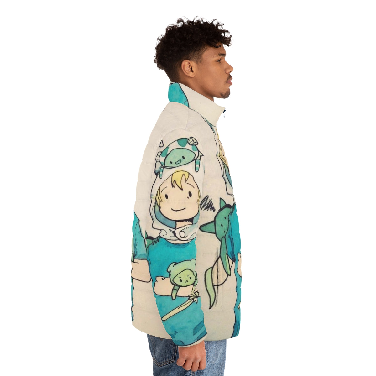 Fallout vaporwave puffer jacket featuring a cute and humorous vault boy design - men side right