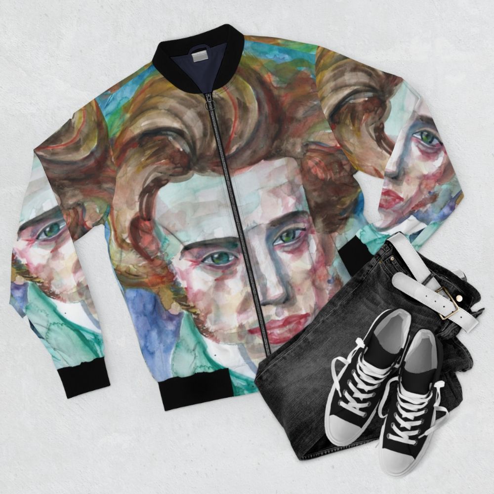 Soren Kierkegaard watercolor portrait bomber jacket - Flat lay