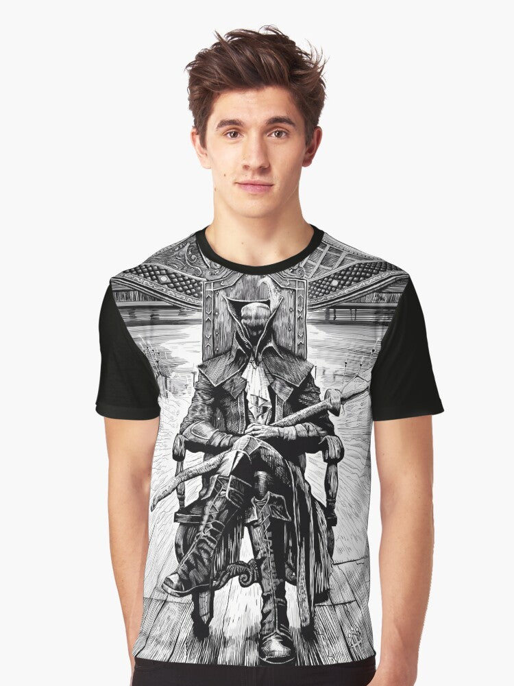 Lady Maria, a character from the video game Bloodborne, on a graphic t-shirt design. - Men