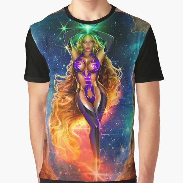 Alien Superstar graphic t-shirt featuring a vibrant cosmic design with stars, fire, and a cosmic alien figure