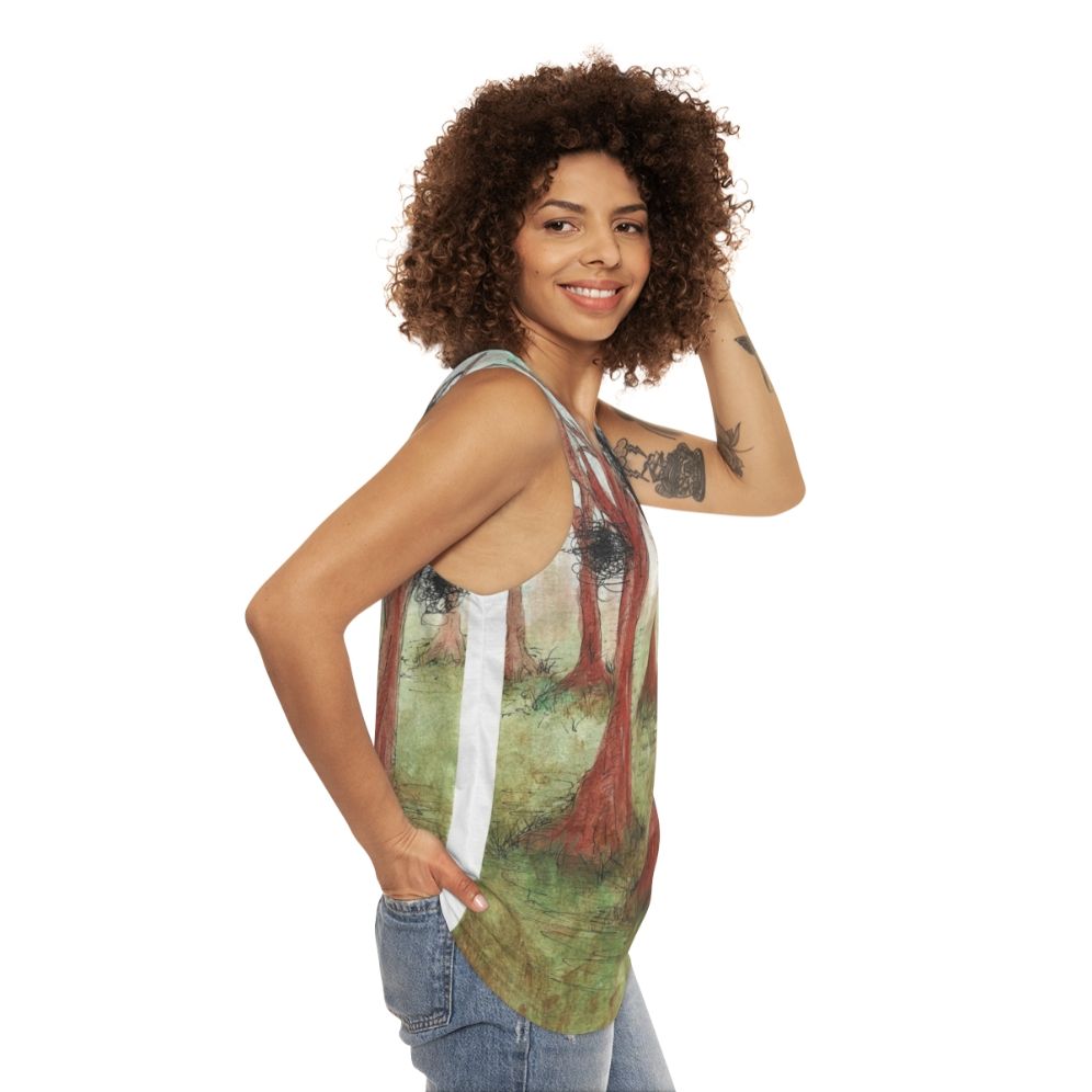 Whimsical abstract watercolor forest landscape unisex tank top - women side