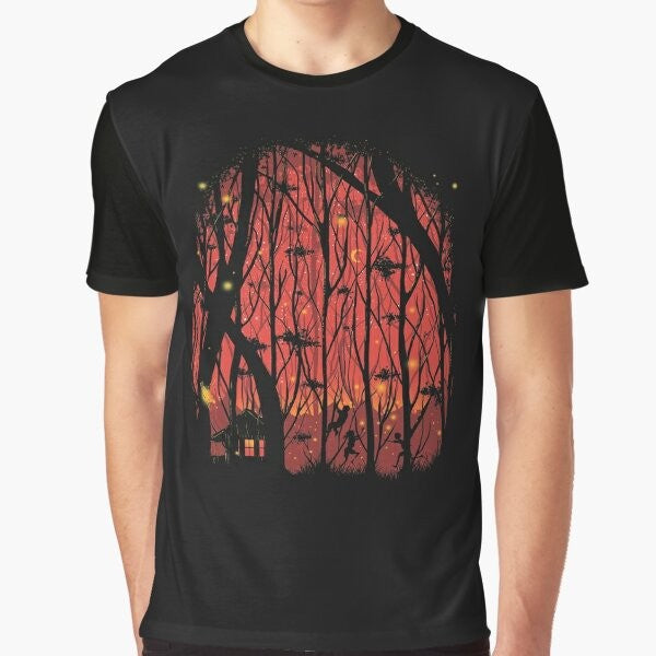 Whimsical fireflies glowing in a red forest at night on a graphic t-shirt design.