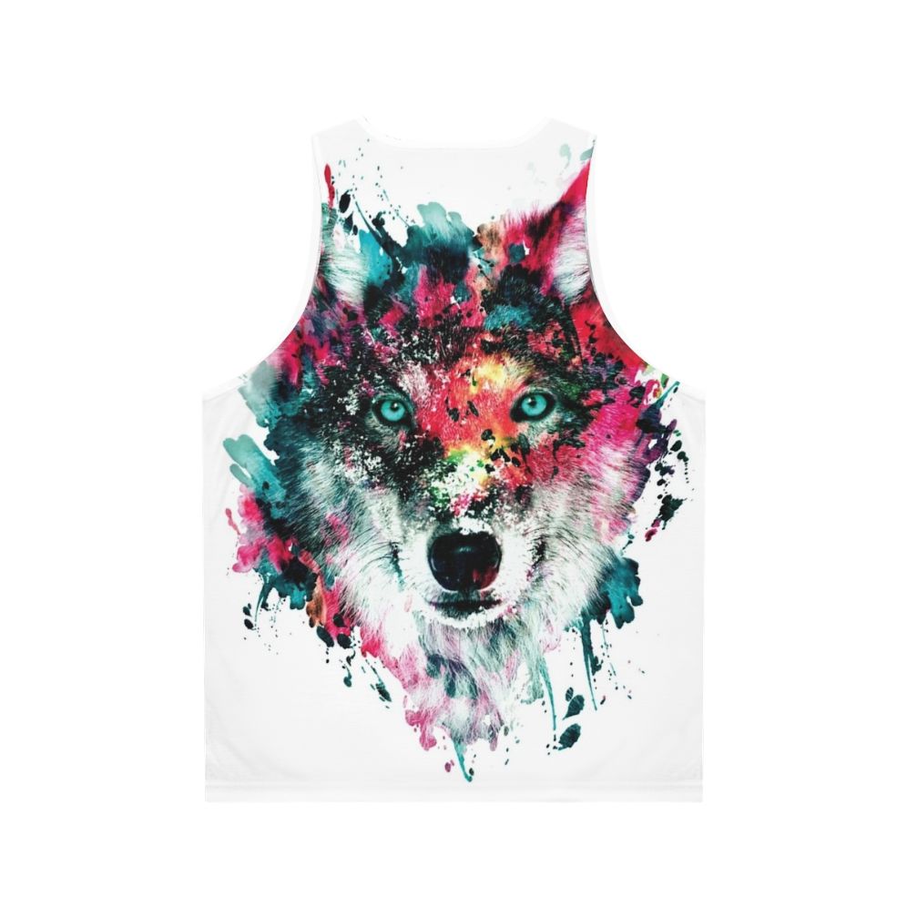 Vibrant wolf tank top with abstract watercolor art - Back