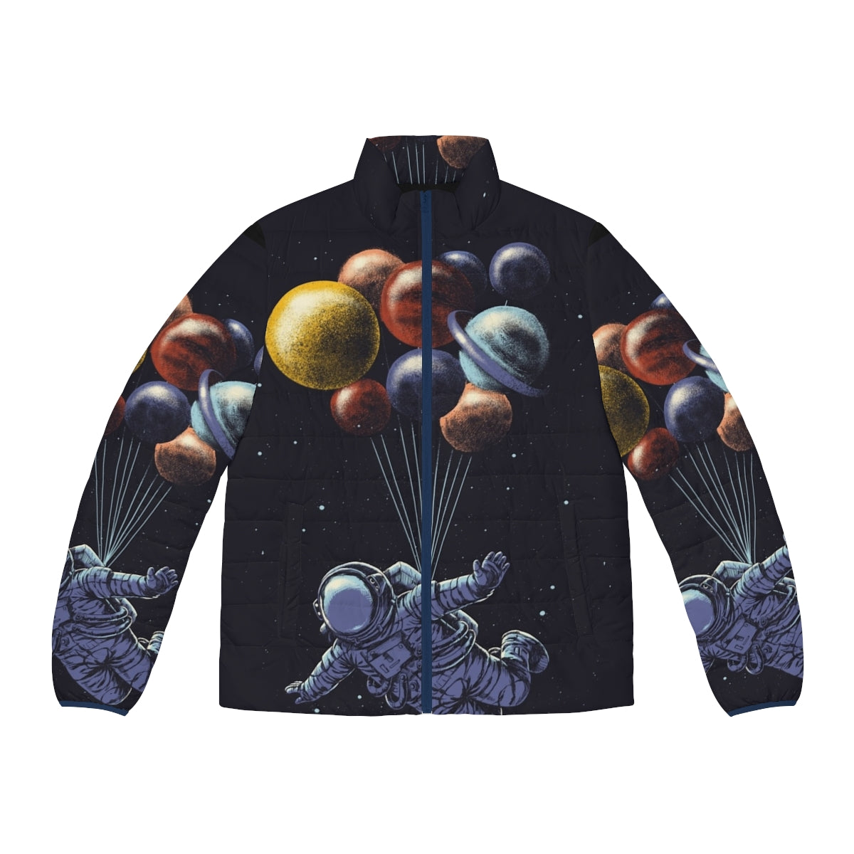 Astronaut in a colorful space travel puffer jacket floating among planets and stars