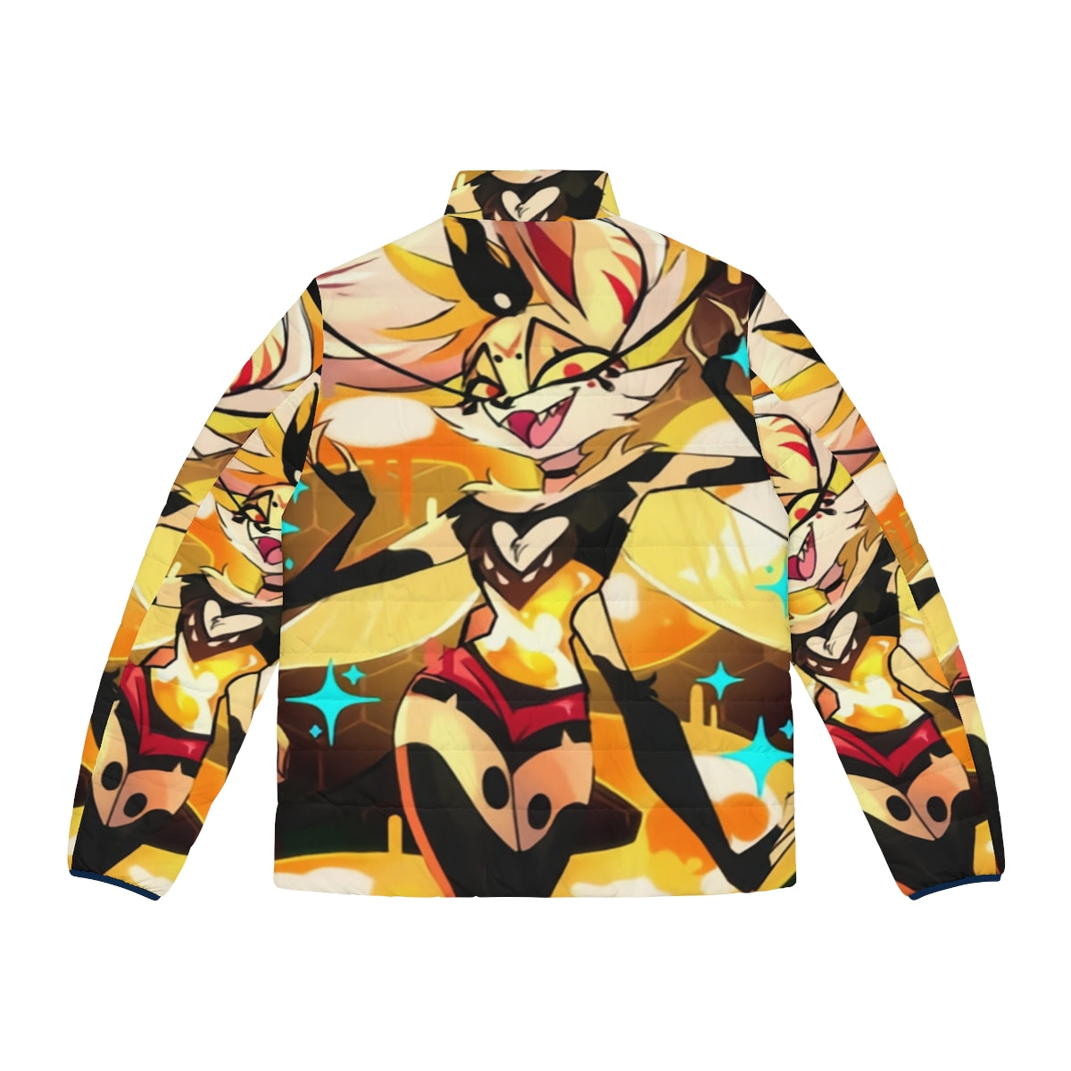 Beelzebub Helluva Boss inspired fiery puffer jacket with cartoon character design - Back