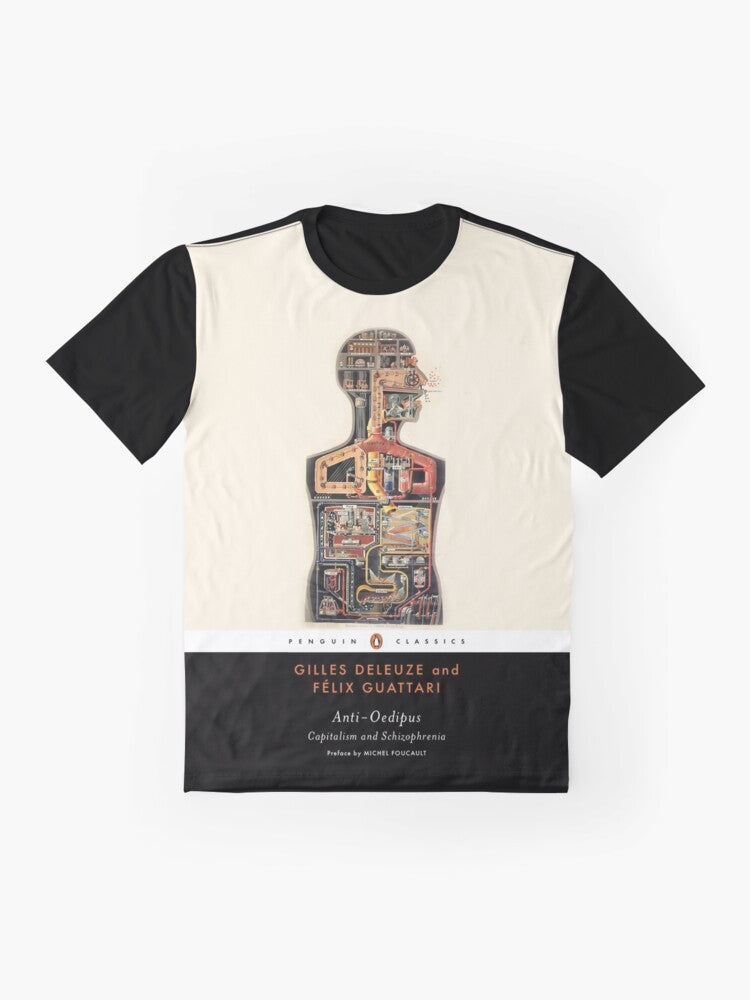 Graphic t-shirt featuring the iconic book cover of Deleuze and Guattari's "Anti Oedipus" - Flat lay