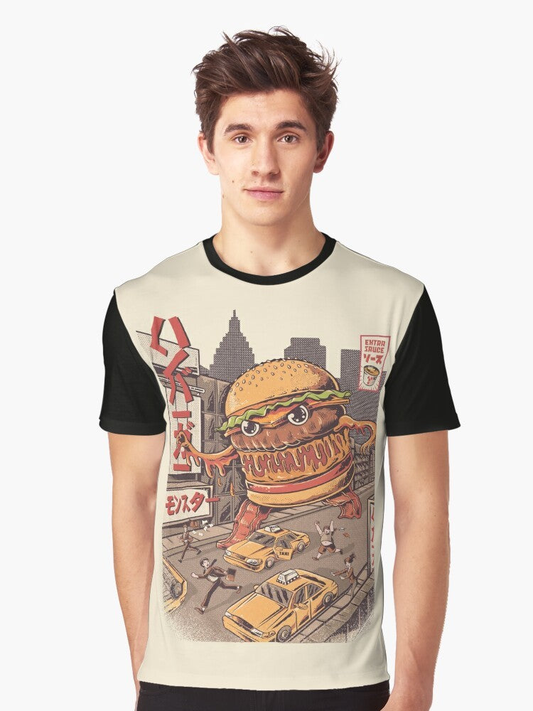 Retro-style BurgerZilla graphic t-shirt with anime and kaiju-inspired burger design - Men