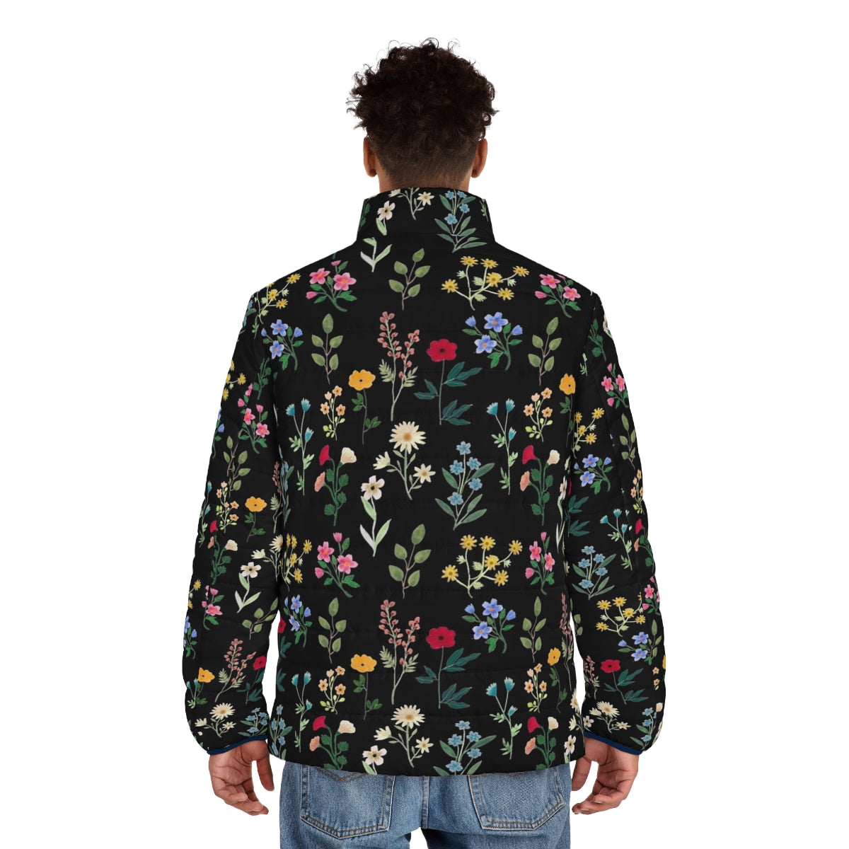 Spring Botanicals Black Puffer Jacket with Floral Pattern - men back