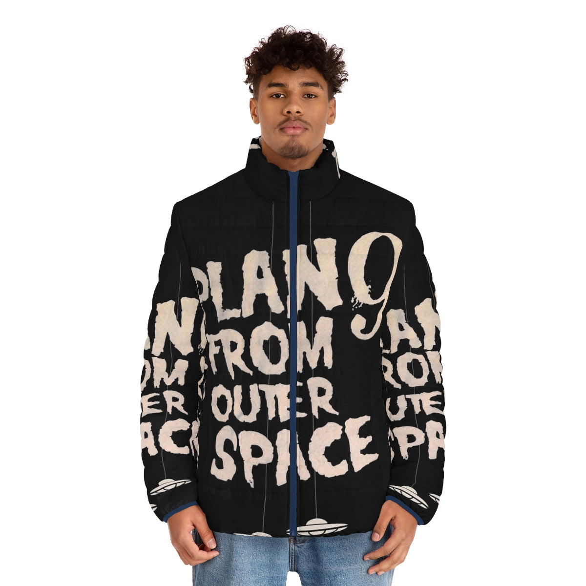 Vintage-inspired Plan 9 From Outer Space puffer jacket with sci-fi cult movie graphics - men front