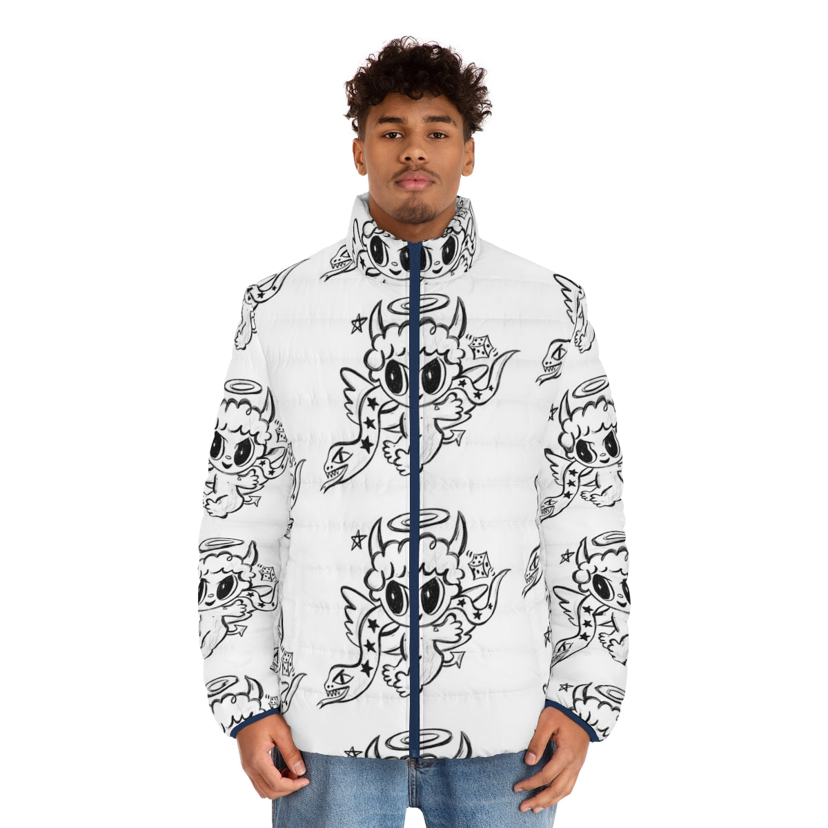 Karol G "Devil Angel" Puffer Jacket with monochrome colorful pencil drawing design - men front