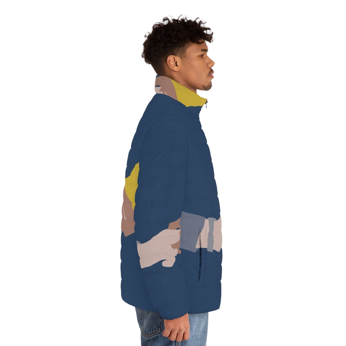 "What Will Happen To Us I Don't Know" Young Royals inspired puffer jacket with minimal line art design - men side right