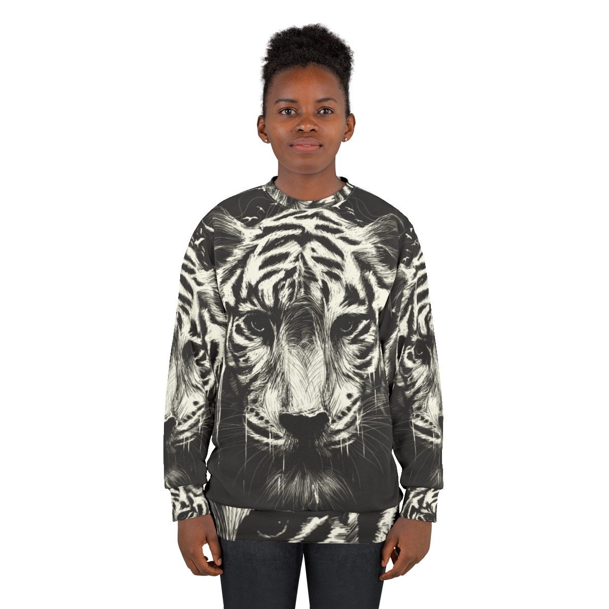 Interconnected sweatshirt with surreal, photorealistic tiger and bird graphics - women